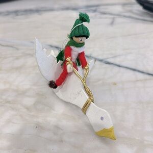 Vintage Christmas handmade ornament little Christmas boy riding Christmas goose